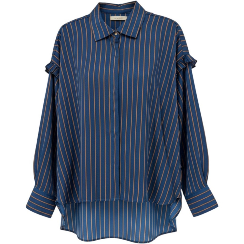 Scotch & Soda Button Down Blouse Womens M Navy Stripe Ruffle Minimalist Preppyt